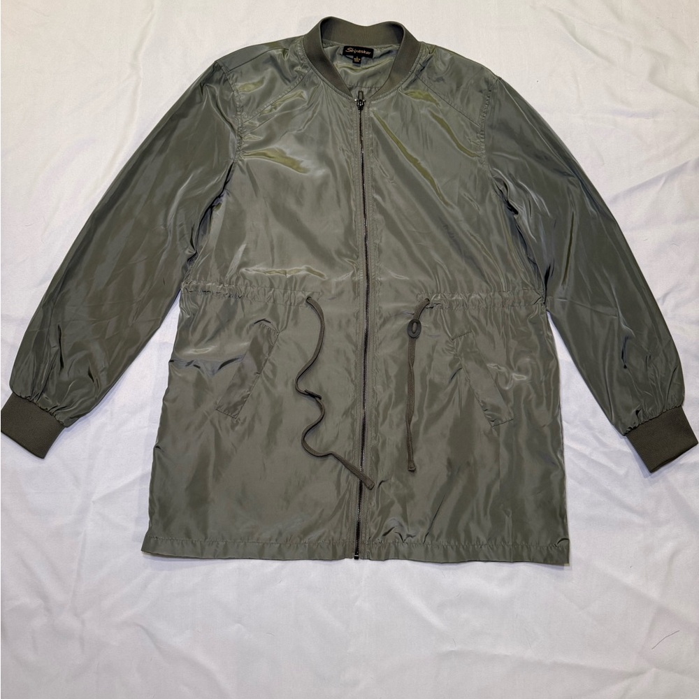 Shine Star Olive Green Lightweight Bomber Jacket Zip Front Drawstring Waist